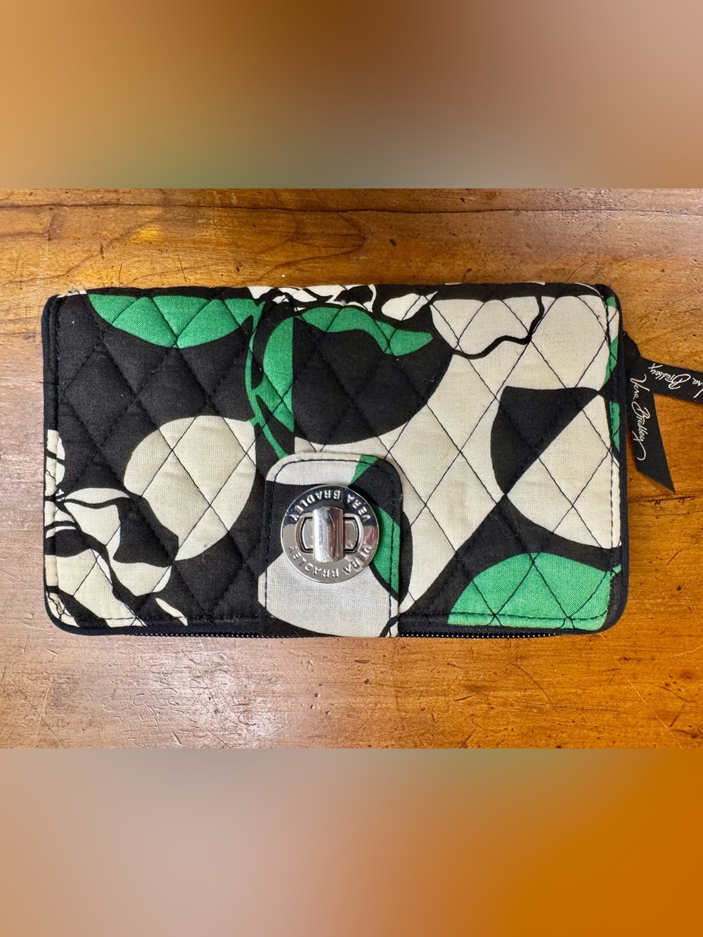 Vera Bradley Quilted Wallet in Black, White & Green Floral Print